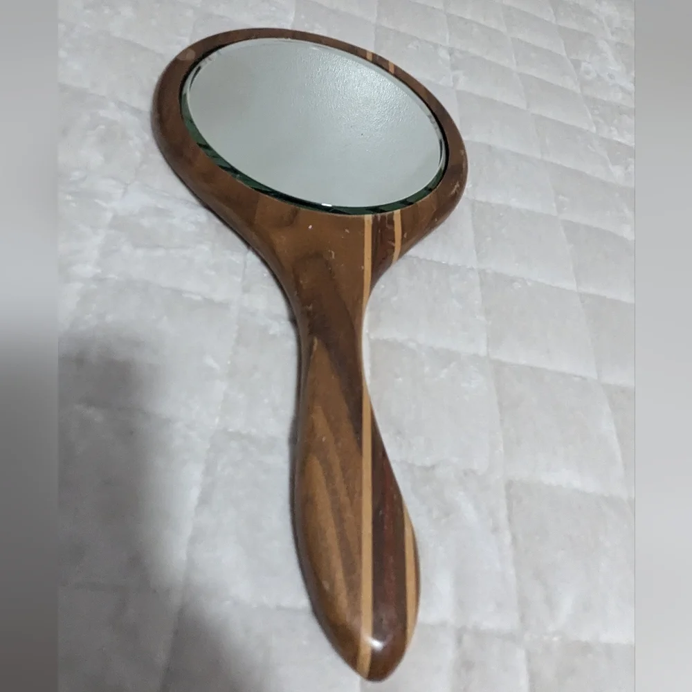 Antique Beveled Wooden Inlayed Hand Held Mirror Art Deco Handmade